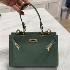 Vera Pelle Sage Green Mini Top-Handle Bag with Gold Hardware